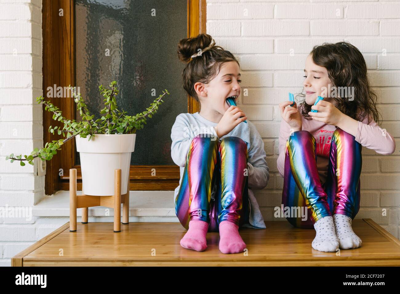 Sorridi piccole sorelle che si siedono sul tavolo e mangiano il blu yummy masticare caramelle divertendosi e guardarsi mentre riposo a casa durante il fine settimana Foto Stock