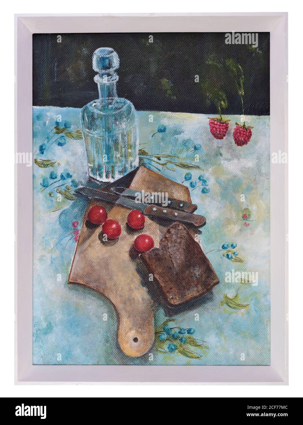 Rustica ancora vita con pomodori, vodka e coltelli dipinti su tela. Isolato Foto Stock