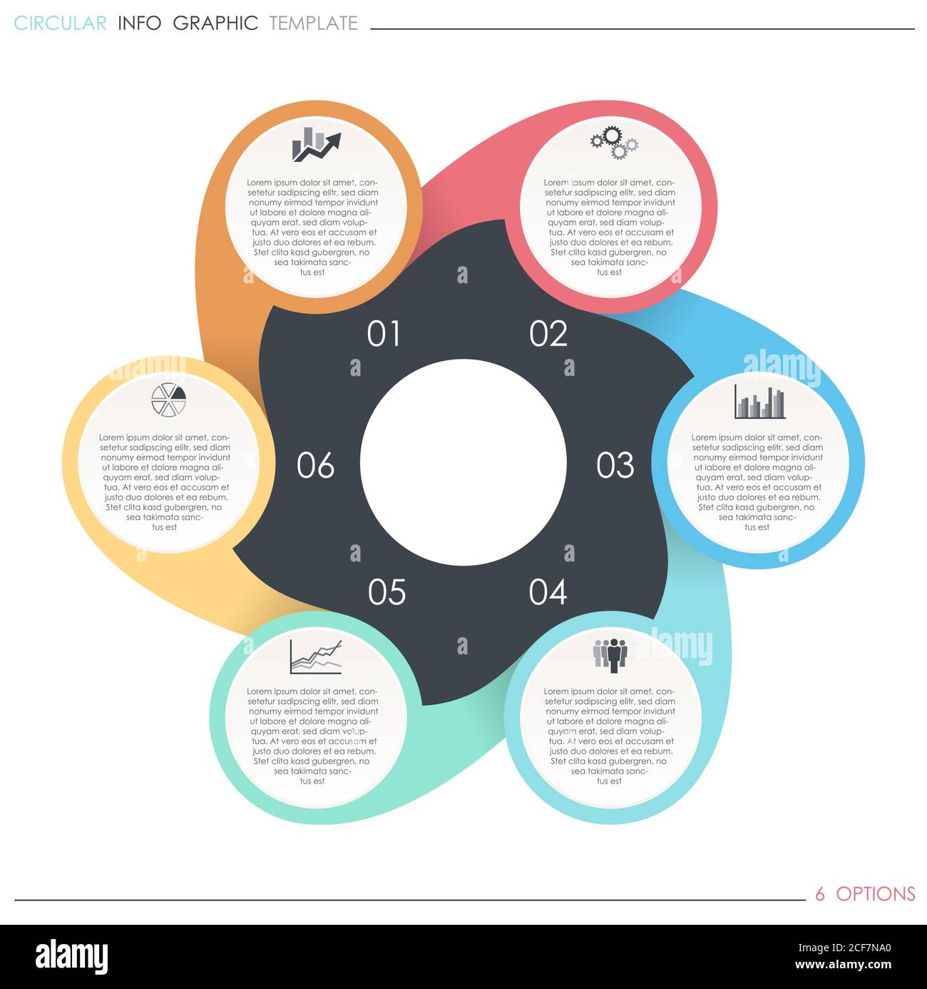 File vettoriale EPS 10 per progetti di modelli grafici di informazioni aziendali, concetti di lavoro del team e informazioni sui dati con sei opzioni di processo Illustrazione Vettoriale