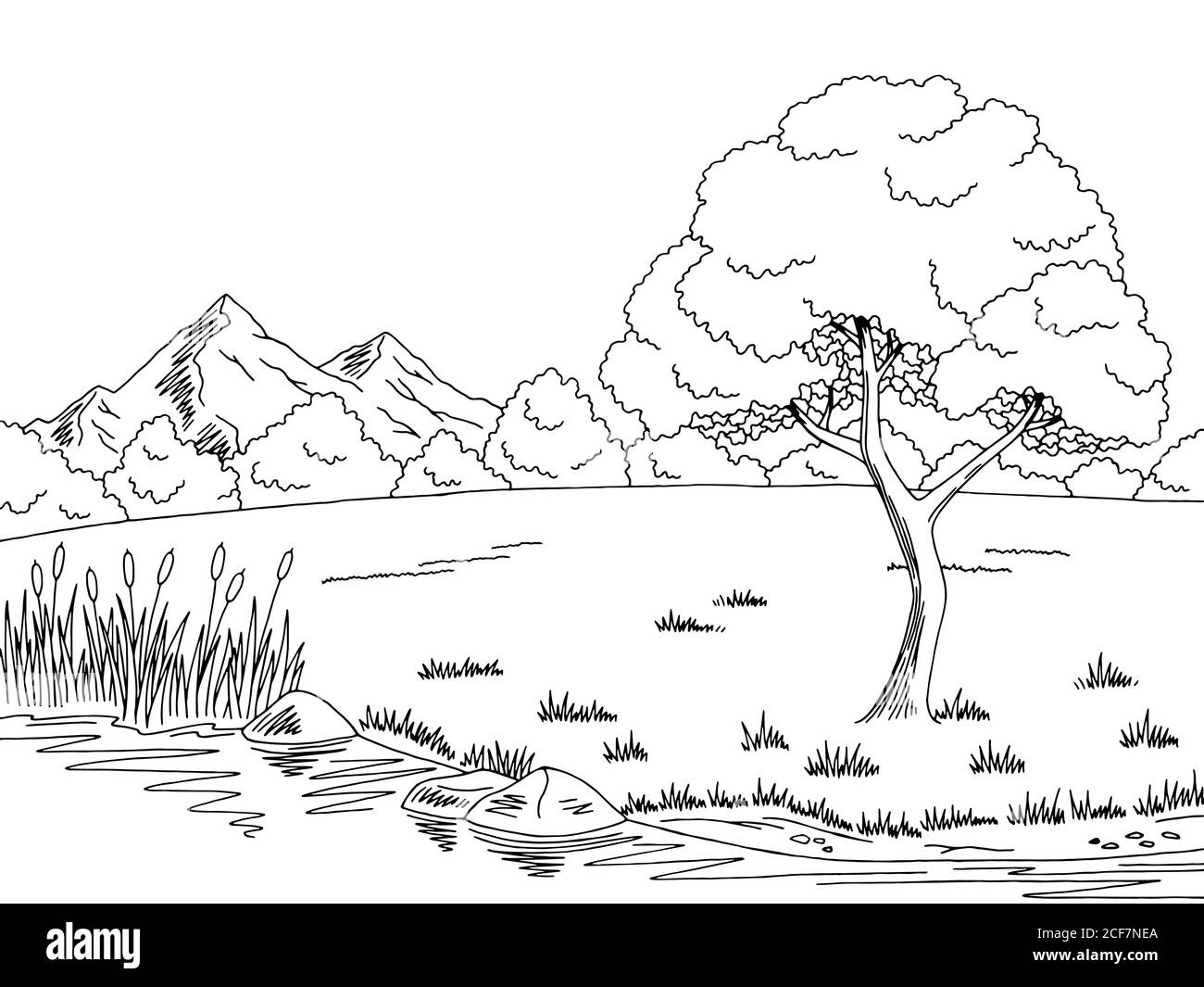 Lago albero grafico bianco nero disegno paesaggio vettore illustrazione Illustrazione Vettoriale
