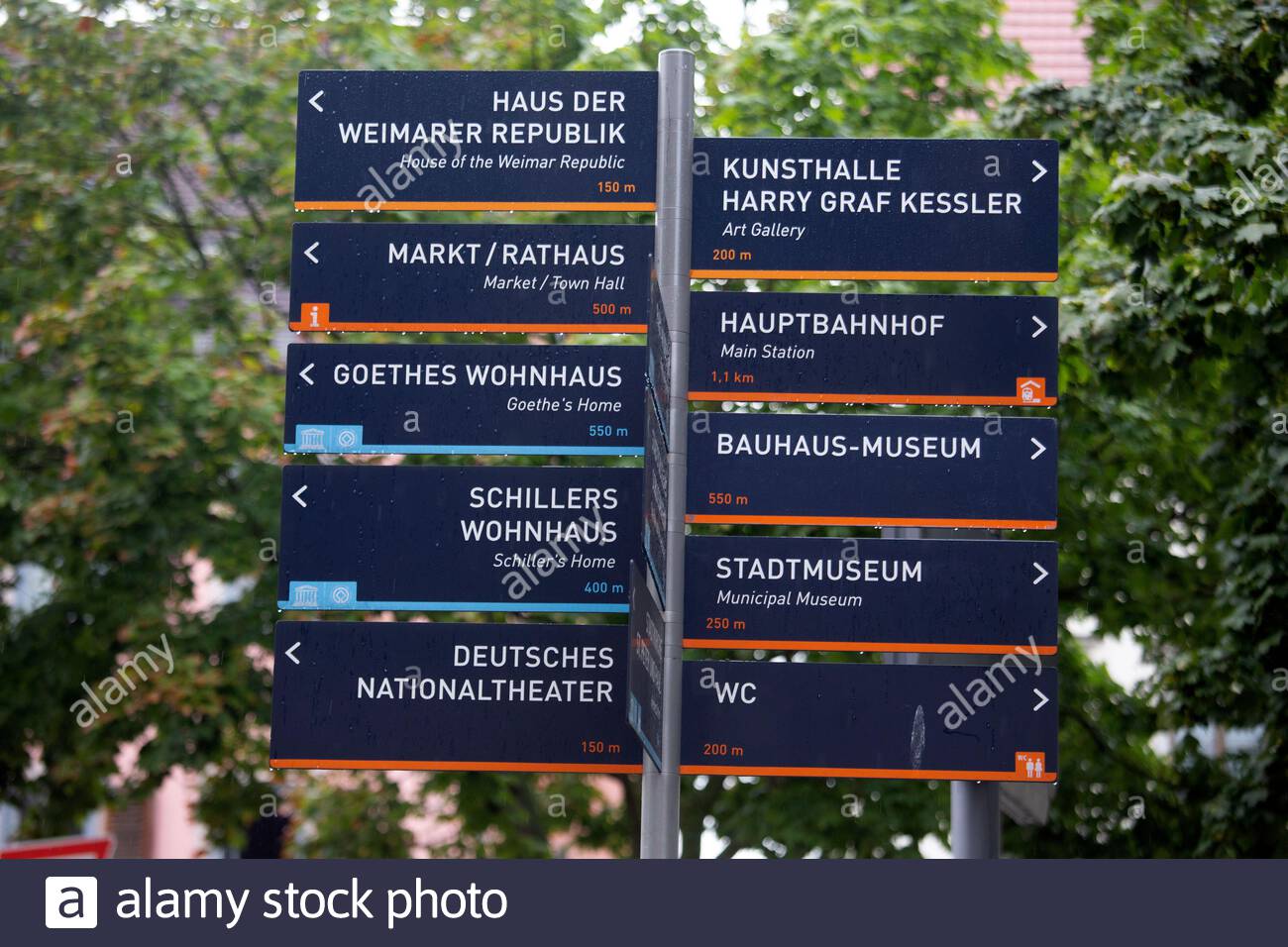 Un cartello in lingua tedesca a Weimar Germania che mostra ai turisti la città dove si possono trovare le attrazioni da visitare. Foto Stock