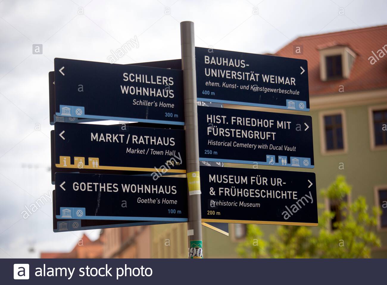 Un cartello in lingua tedesca a Weimar Germania che mostra ai turisti la città dove si possono trovare le attrazioni da visitare. Foto Stock