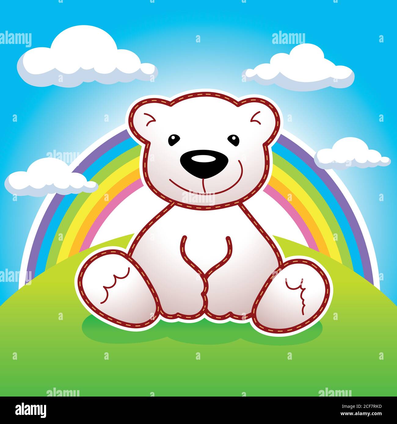 Orso giocattolo seduto sul prato sotto arcobaleno e nuvole vettore logo. Orso animato. Annuncio, illustrazione per il negozio di giocattoli o libro di racconti. Design del biglietto d'auguri. Illustrazione Vettoriale