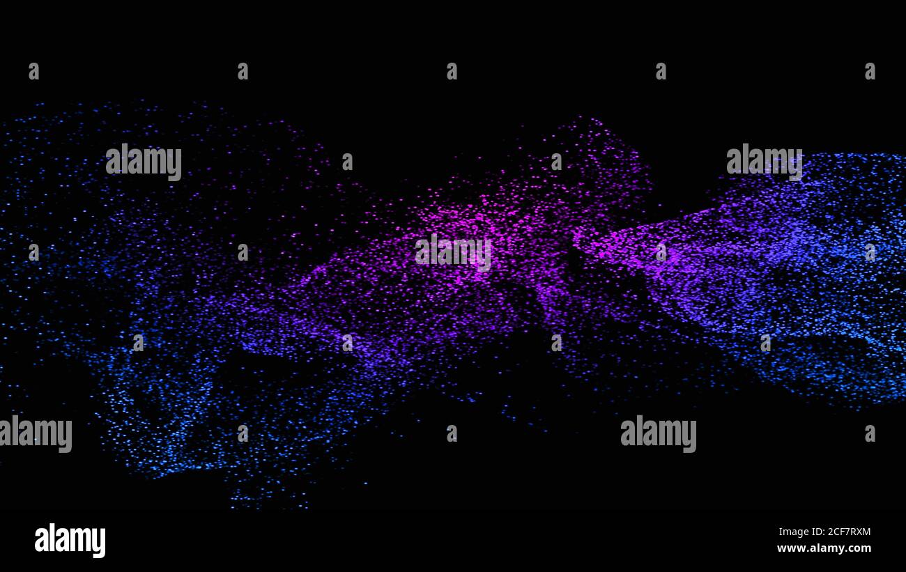 Astratto blu e violetto sfondo colorato delle onde delle particelle. Piccolo punto rotondo su sfondo nero. Spazio di copia, rendering 3D Foto Stock