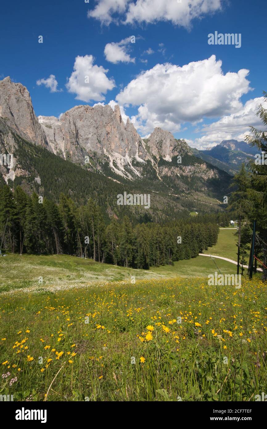 Paesaggio idilliaco con dolomiti in Val di Fassa, Trentino Alto Adige, Italia Foto Stock