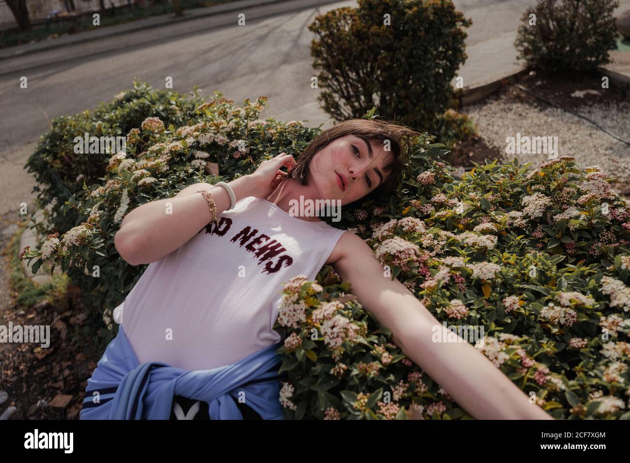Dall'alto di un'elegante adolescente femminile in un abbigliamento casual elegante appoggiandosi su un arbusto verde gonfio e guardando la macchina fotografica a. via della città Foto Stock