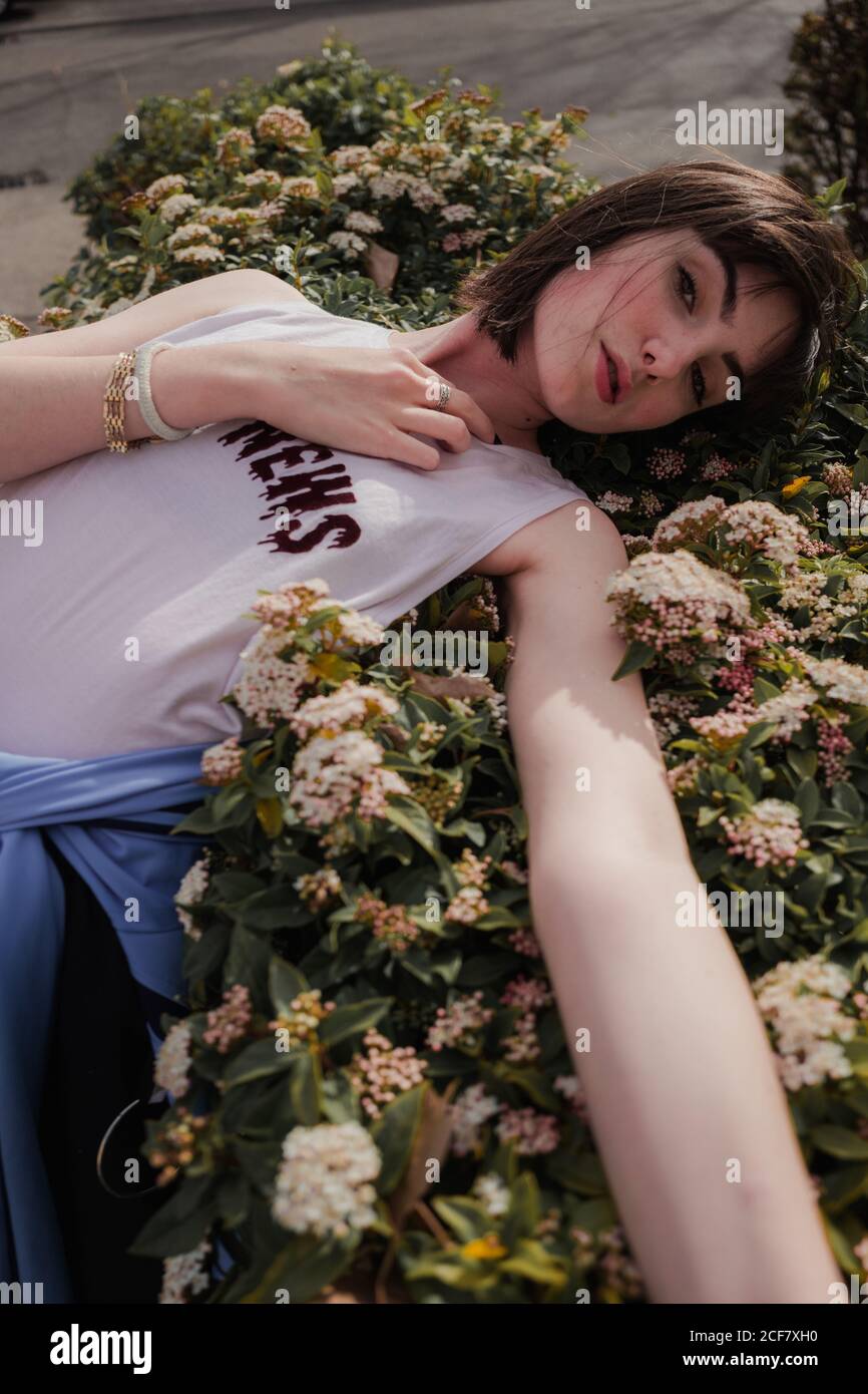 Dall'alto di un'elegante adolescente femminile in un abbigliamento casual elegante appoggiandosi su un arbusto verde gonfio e guardando la macchina fotografica a. via della città Foto Stock