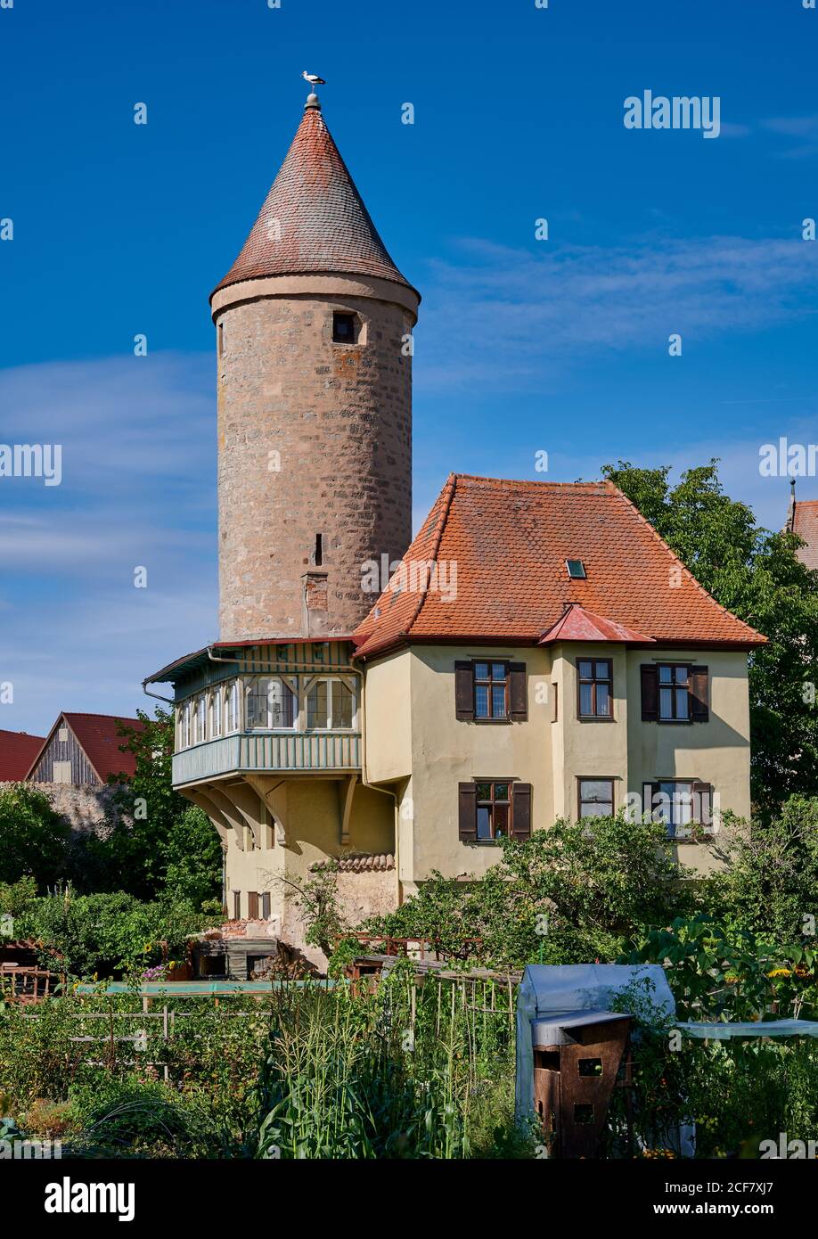 Torre Salwarten e giardini di fronte, Dinkelsbuhl, Franconia Centrale, Baviera, Germania Foto Stock