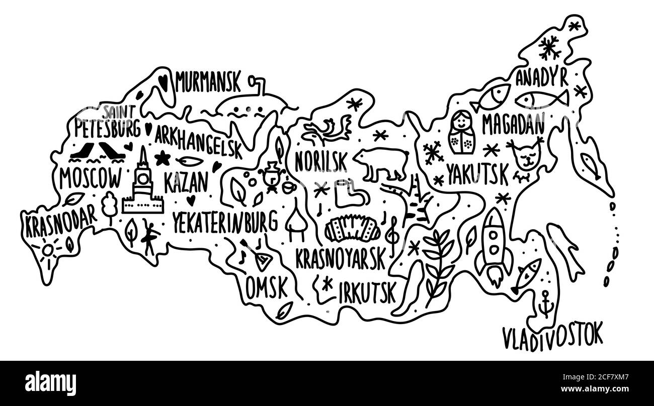 Doodle disegnata a mano Russia mappa. Nomi di città russe scritte e cartoni animati punti di riferimento, attrazioni turistiche clipart. Viaggio, banner concept design. Mosca Illustrazione Vettoriale
