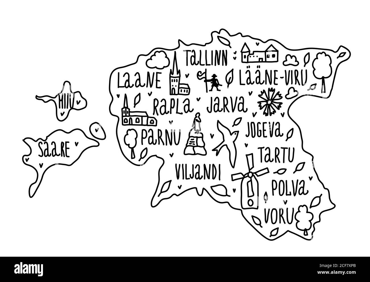 Mappa tirata a mano di doodle Estonia. Città estoni nomi scritte e cartoni animati punti di riferimento, attrazioni turistiche clipart. Viaggio, banner concept design Illustrazione Vettoriale