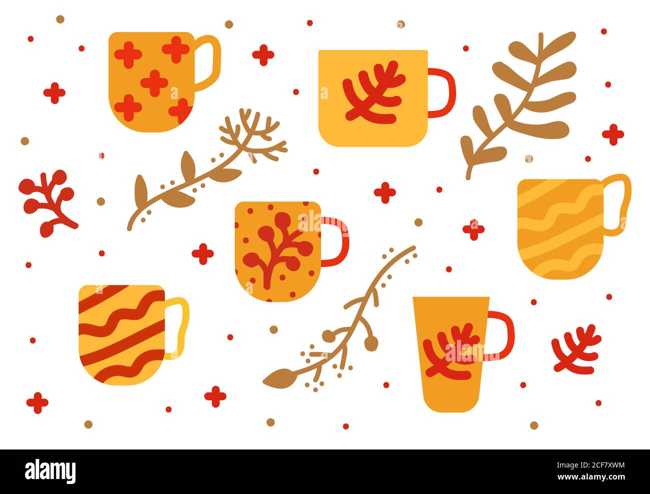 Set di tazze comode disegnate a mano per le serate autunnali. Tazze piccole e grandi colorate con motivi su di esso. Biglietto d'auguri d'autunno. Illustrazione vettoriale. Illustrazione Vettoriale