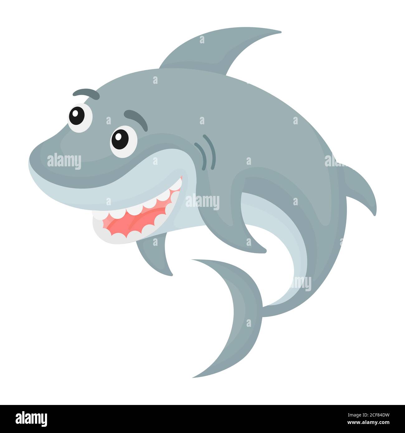 Carino divertente squalo stampa per la progettazione di album, album, biglietto d'auguri, invito, decorazione a parete. Carattere animale fumetto oceanico. Illustrazione Vettoriale