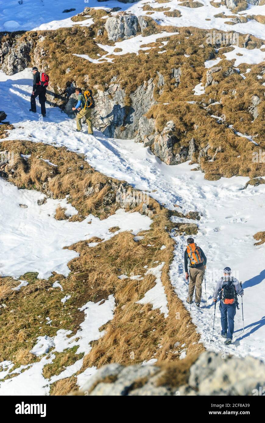 Un'escursione invernale alla cima Aggenstein nel Tannheimer tal, ancora pochissima neve nel mese di dicembre, foto-libro meteo e temperature mite ... escursionista Foto Stock