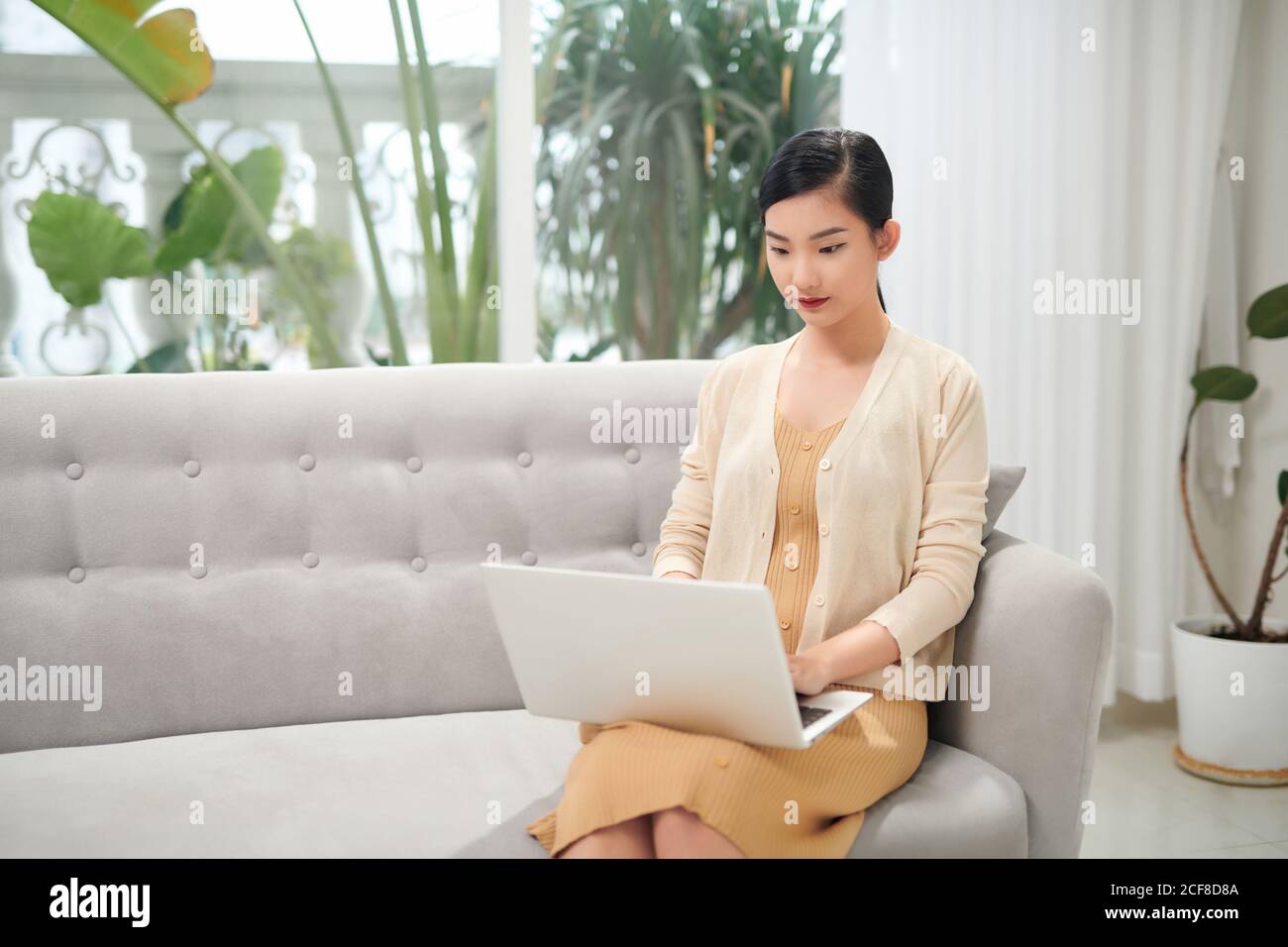 Una giovane donna attraente sta usando il laptop per lavorare da casa. È in abbigliamento casual si siede sul divano in salotto accogliente Foto Stock