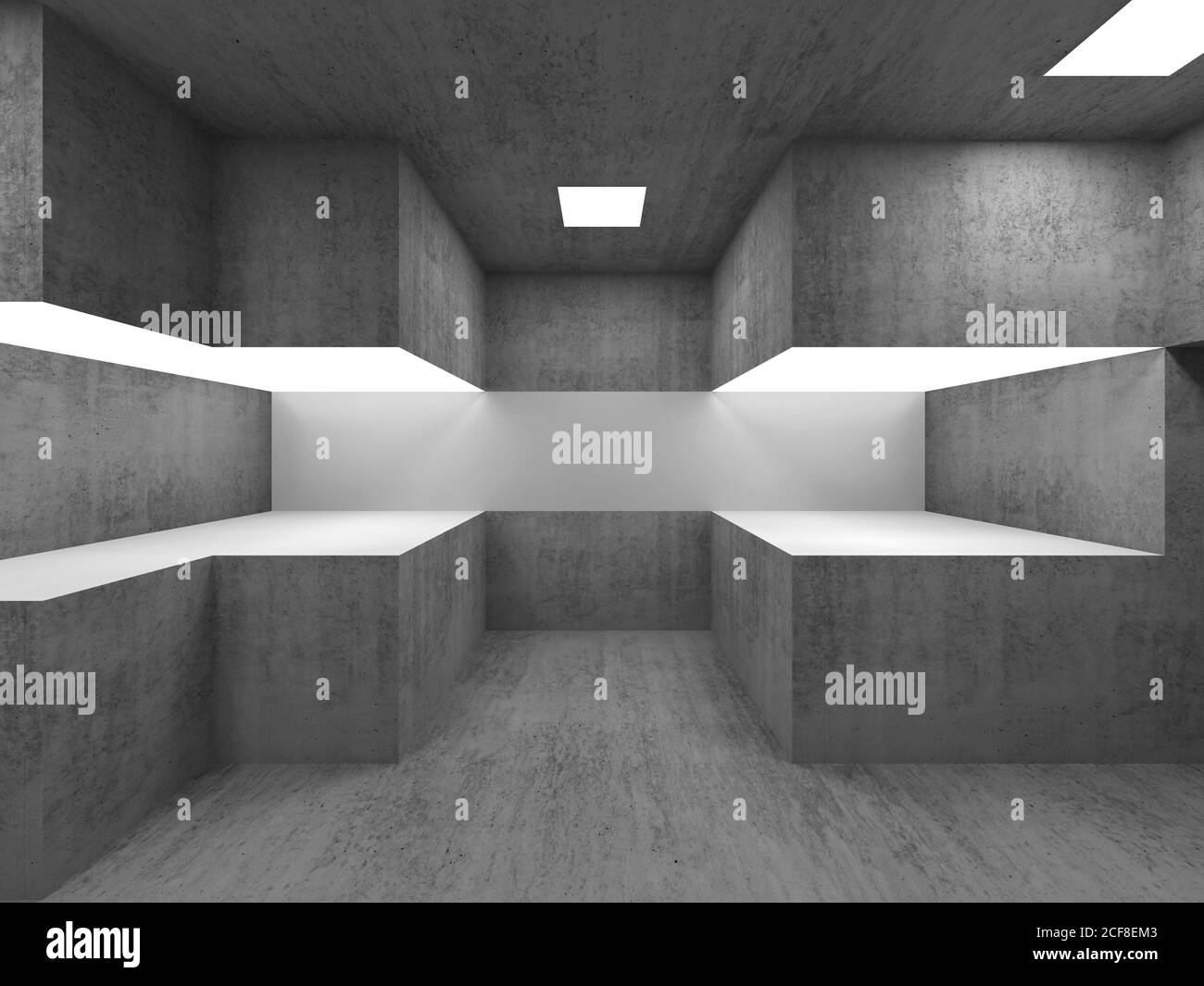 Showroom interno in cemento vuoto con stand espositivi illuminati. illustrazione del rendering 3d Foto Stock