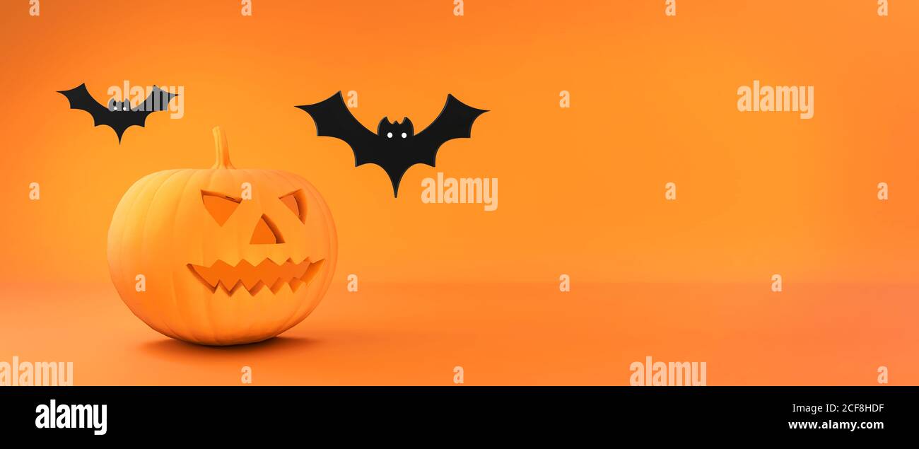 Halloween sfondo 3d piatto. Illustrazione arancione per la celebrazione autunnale di Halloween. Zucca e pipistrelli. Rendering 3D. Foto Stock