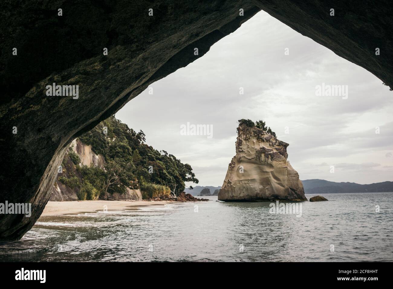 Spiaggia esotica con grandi rocce in grotta presso la baia della Cattedrale spiaggia in Nuova Zelanda Foto Stock