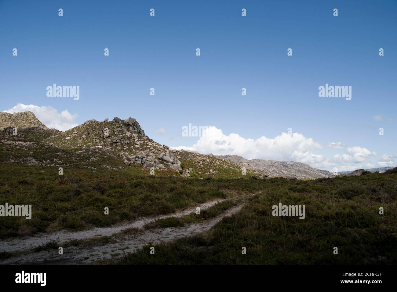 Le linee di sentiero sul terreno attraversano un altopiano verde al centro delle montagne, con le nuvole all'orizzonte Foto Stock