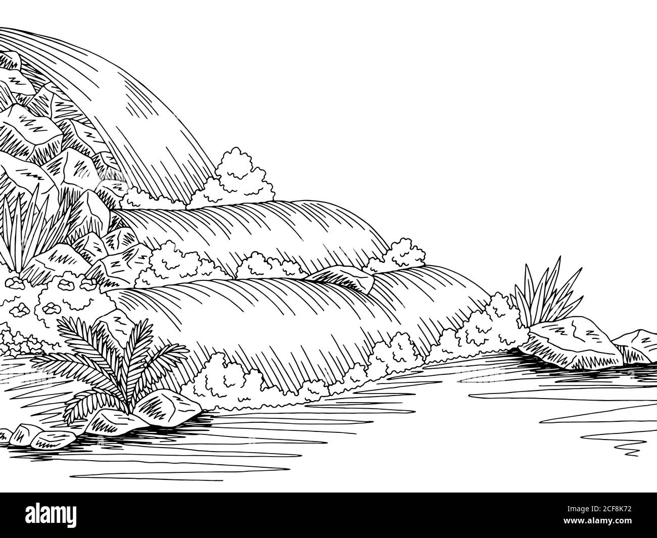 Grafico a cascata bianco nero illustrazione dello schizzo del paesaggio vettore Illustrazione Vettoriale