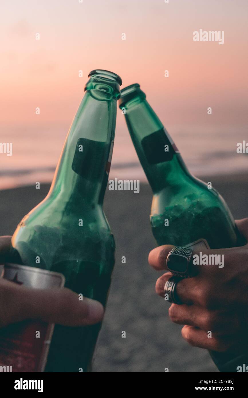 Affina le mani di amici maschi che si aggraffano con bottiglie di birra verde mentre vi rilassate e vi godete la serata estiva al mare con il tramonto cielo sullo sfondo Foto Stock