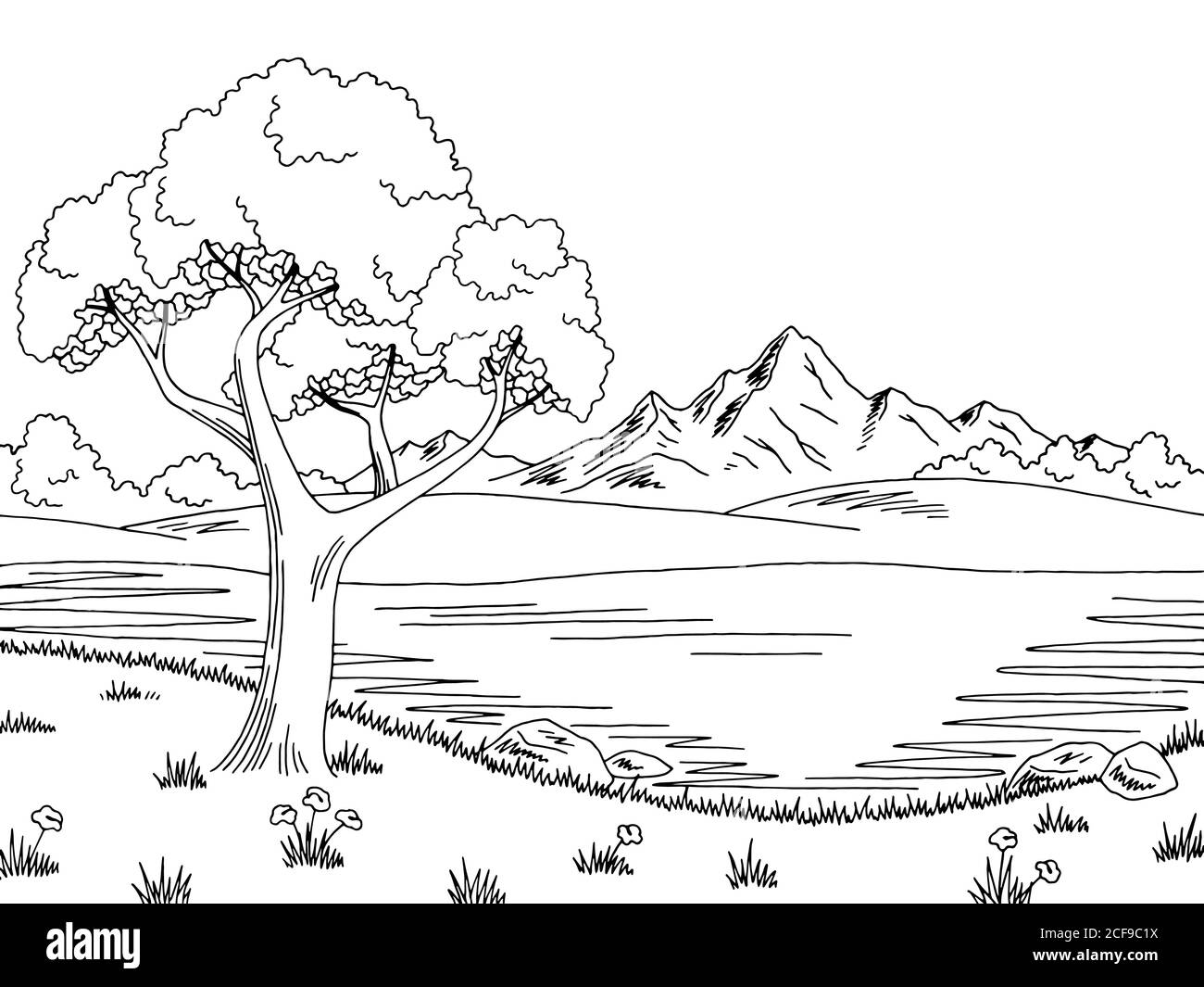 Lago albero grafico bianco nero disegno paesaggio vettore illustrazione Illustrazione Vettoriale
