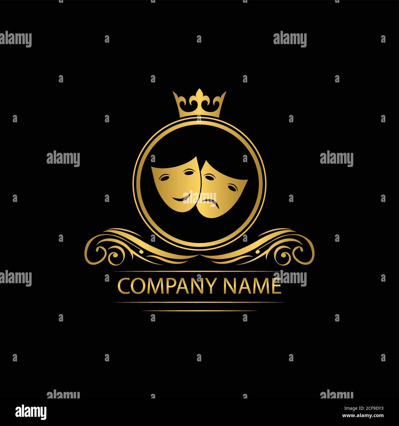 logo del teatro modello di lusso royal vettore teatro azienda emblema decorativo con corona Illustrazione Vettoriale