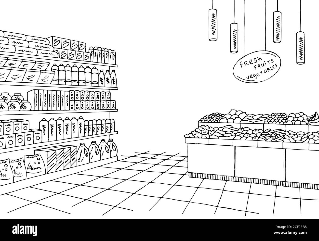 Negozio di alimentari interni nero bianco grafico disegno vettore illustrazione Illustrazione Vettoriale