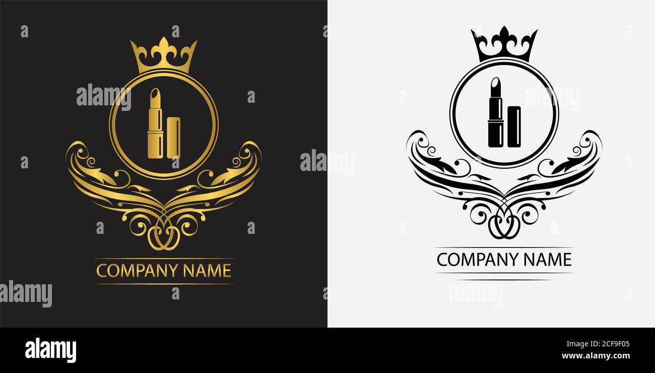 logo cosmetico modello di lusso royal vettore rossetto azienda emblema decorativo con corona Illustrazione Vettoriale