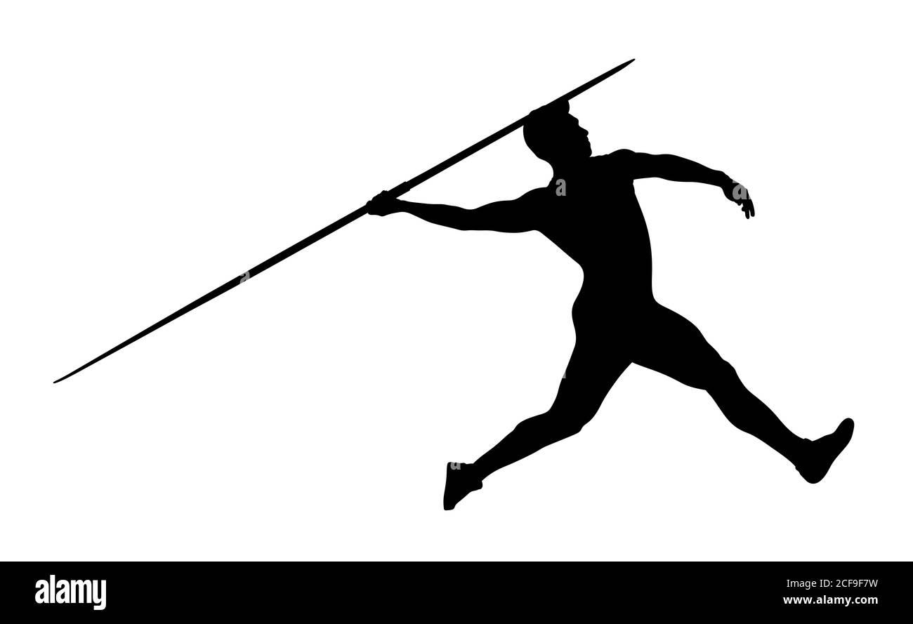 atleta javelin lanciatore silhouette nera su sfondo bianco Foto Stock