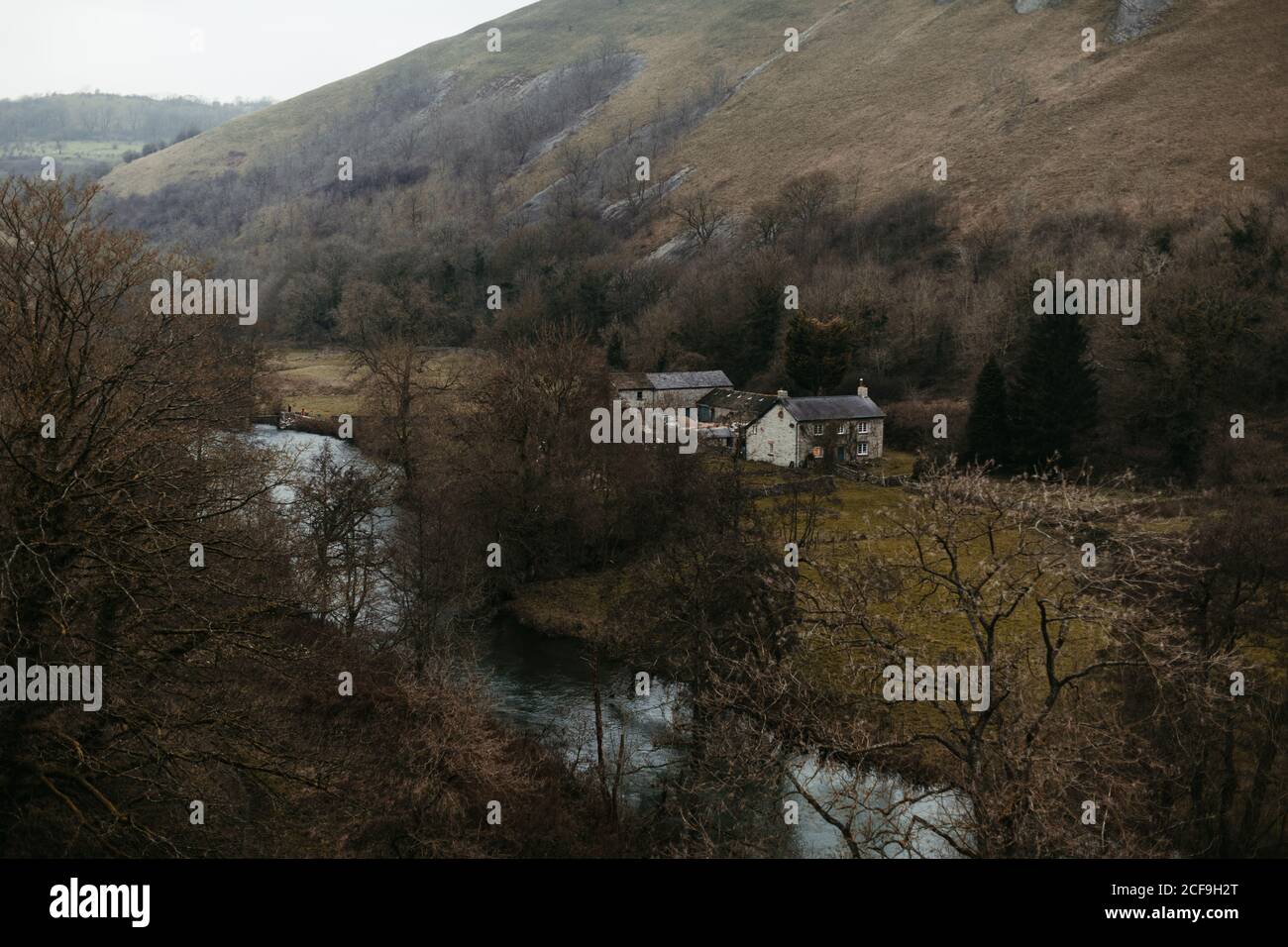 Fiume che scorre tra valle di montagna in giorno grigio Foto Stock