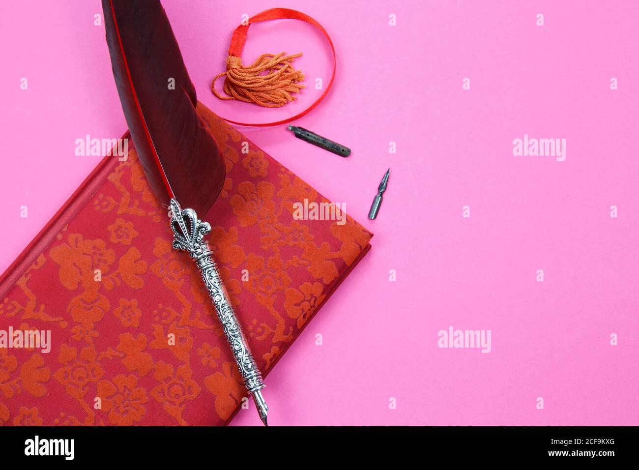 Visualizza su un notebook isolato con copertina floreale rossa, vecchia penna a inchiostro piuma e segnalibro su sfondo rosa con spazio per la copia del testo Foto Stock