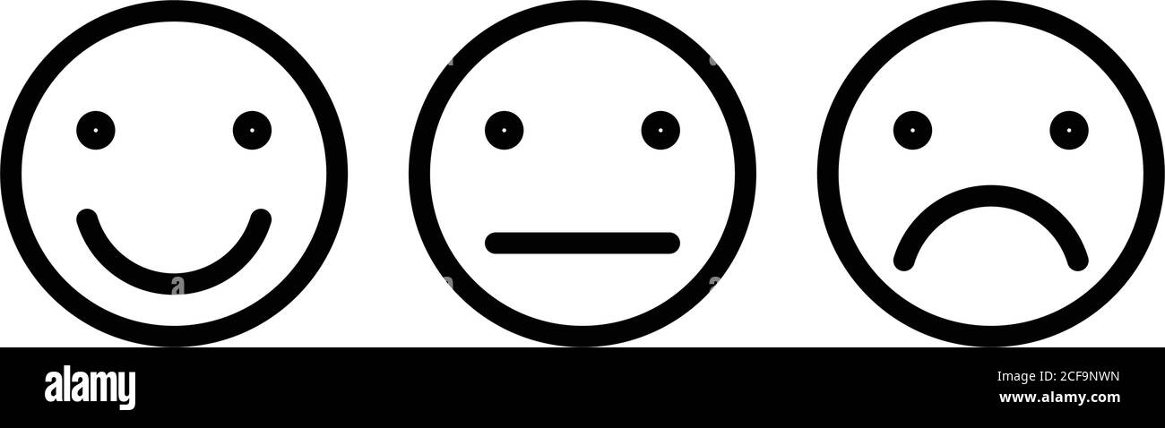 Set di emoticon di base. Tre espressioni facciali di feedback: Positivo, neutro e negativo. Icone vettoriali semplici con contorno nero. Illustrazione Vettoriale