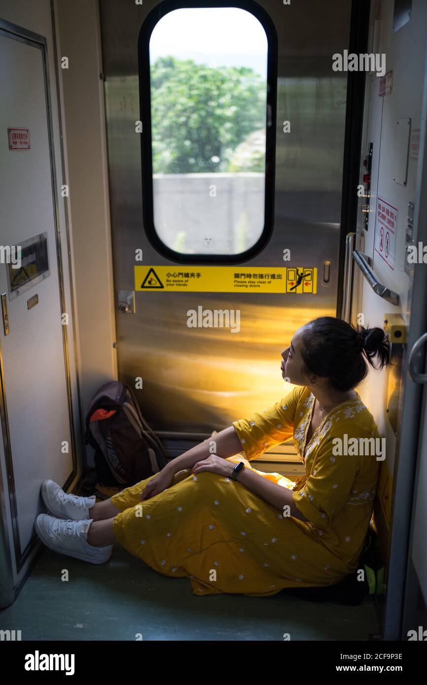 Allegra viaggiatore femminile in un abito elegante al treno Foto Stock