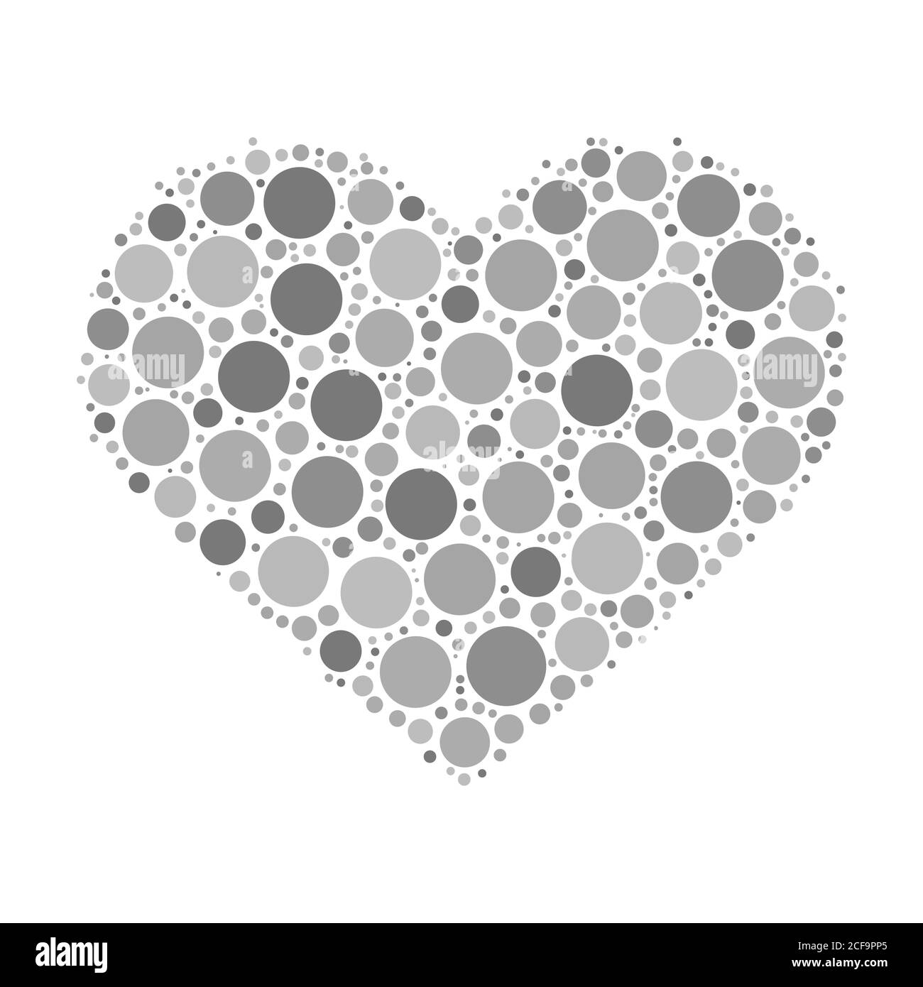 Mosaico cardiaco di punti grigi di varie dimensioni e sfumature. Illustrazione vettoriale su sfondo bianco. Illustrazione Vettoriale