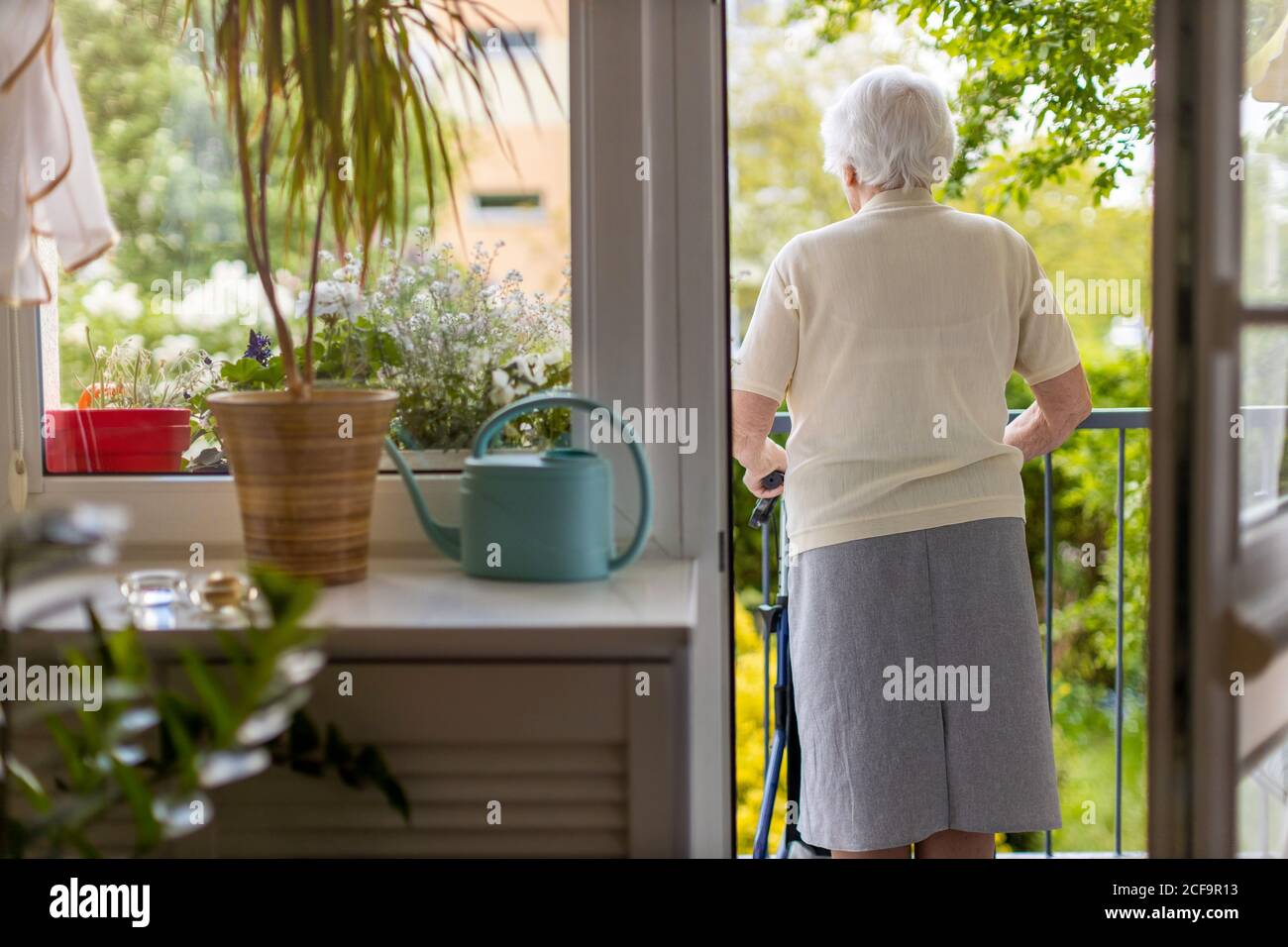 Vista posteriore di una donna anziana con telaio a piedi a. casa Foto Stock
