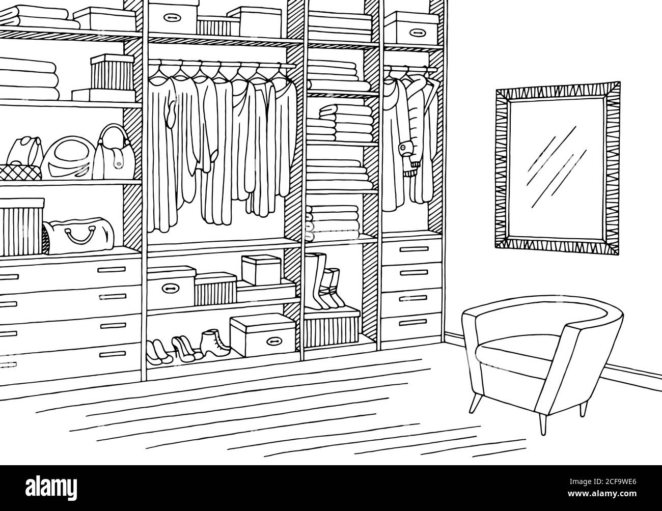 Grafico interno bianco nero grafico armadio illustrazione vettore Illustrazione Vettoriale