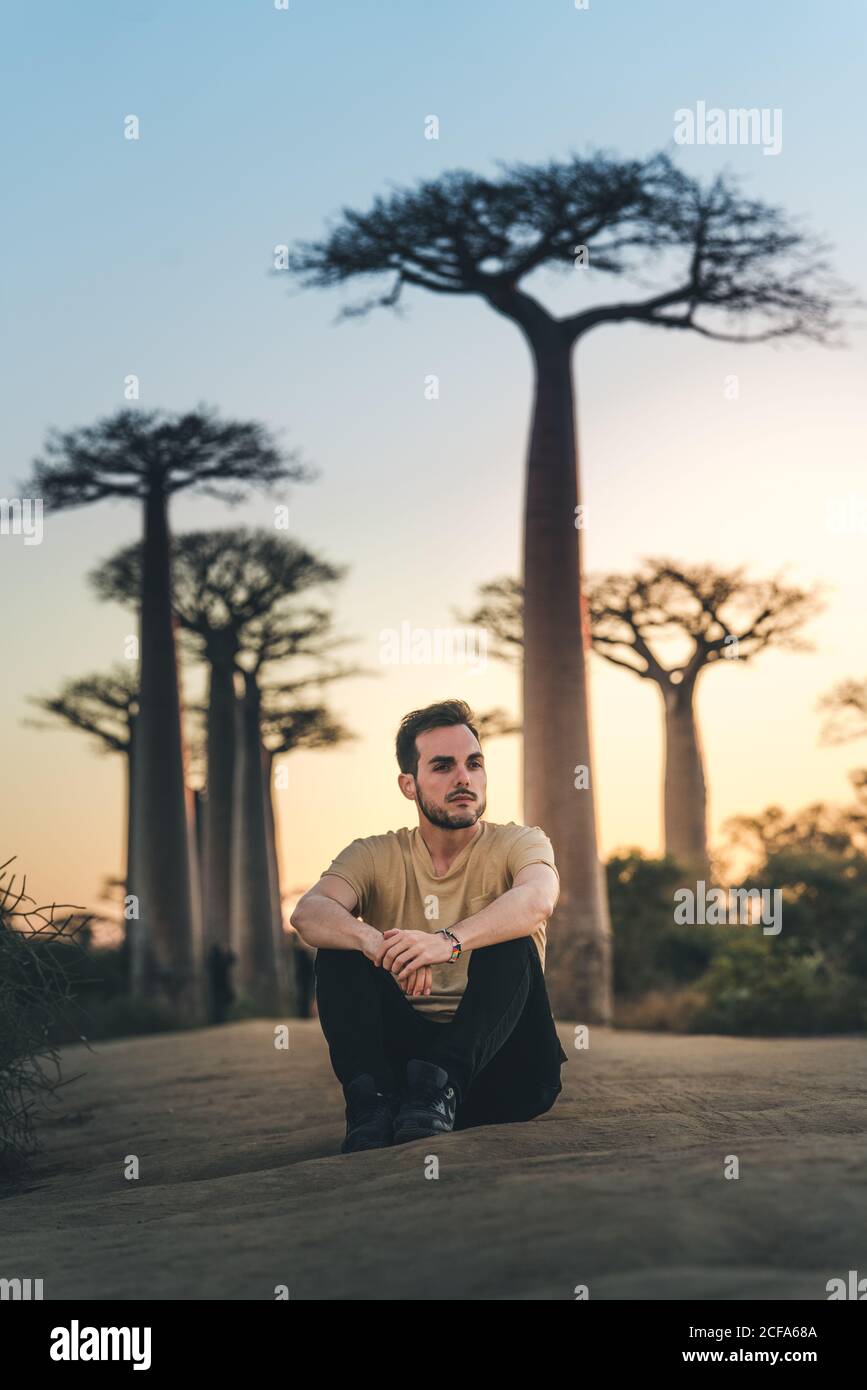 Madagascar - 6 LUGLIO 2019: Uomo pazzo in abiti casual seduto a terra da alti alberi esotici al tramonto Foto Stock