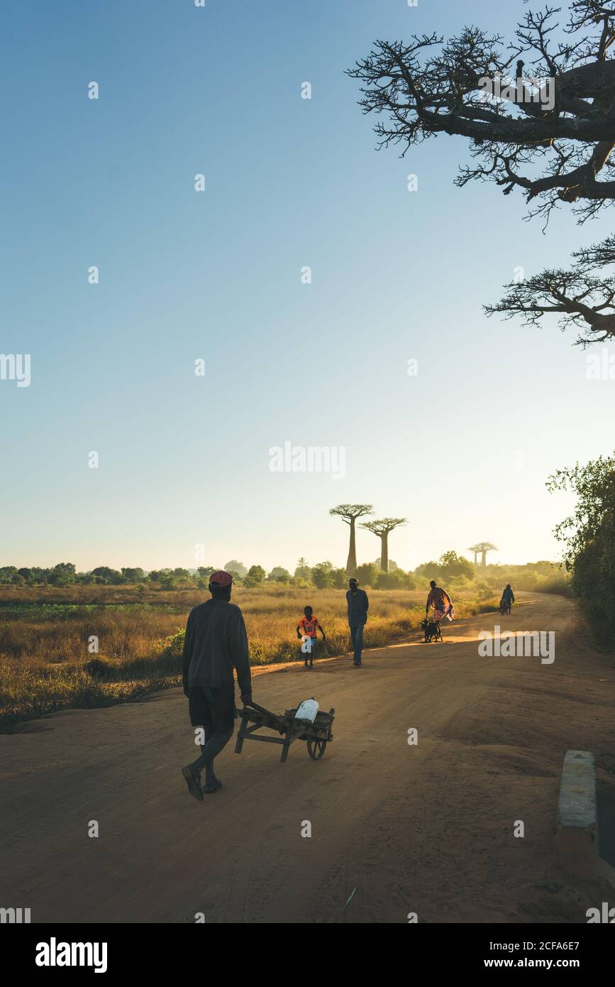 Madagascar - 6 LUGLIO 2019: La gente in vestiti casual colorati con i carrelli che camminano lungo la strada polverosa dalla foresta tropicale distante Foto Stock