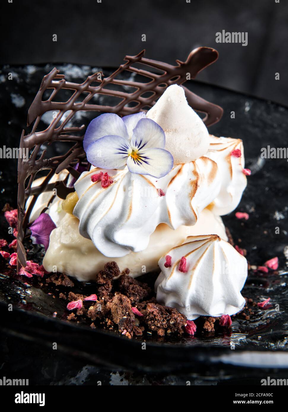 Delizioso dessert a base di biscotti di meringa decorati con fiori di viola e posto su piatto con crema e cioccolato Foto Stock