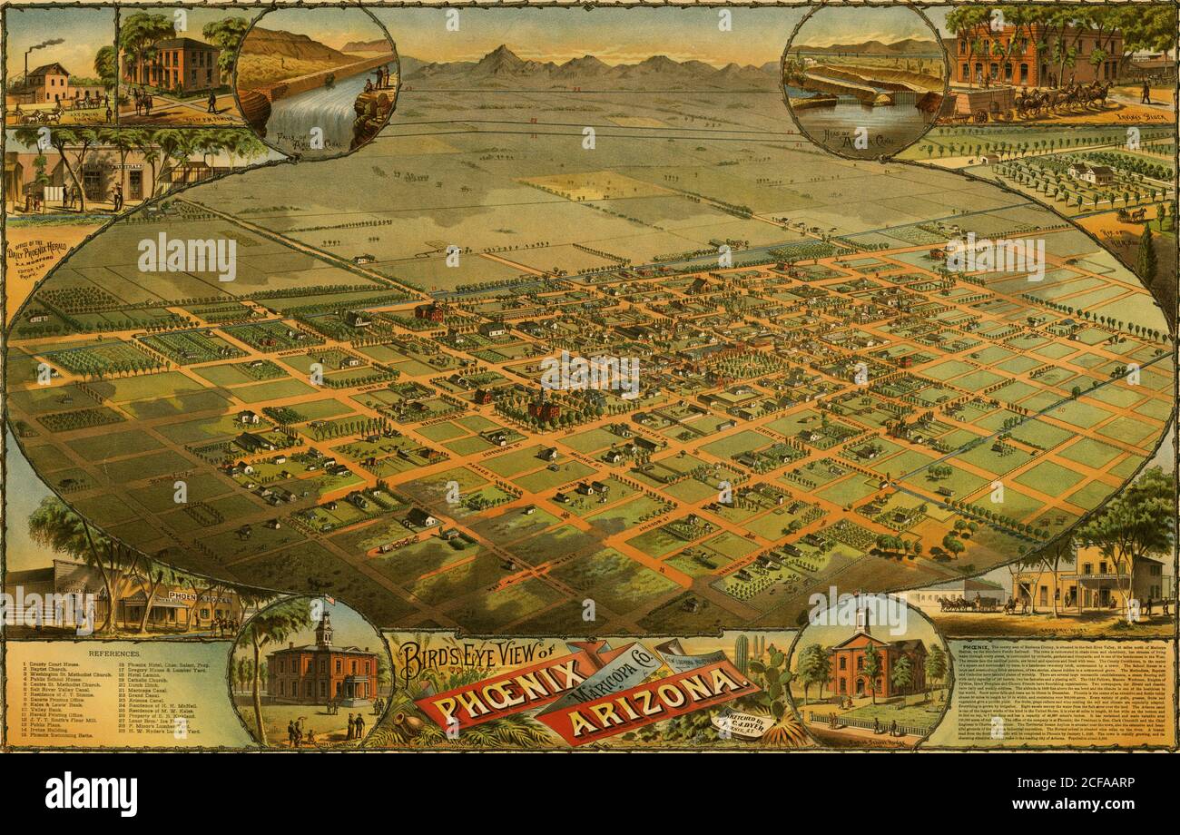 Birds Eye View mappa di Phoenix, Arizona 1885 Foto Stock