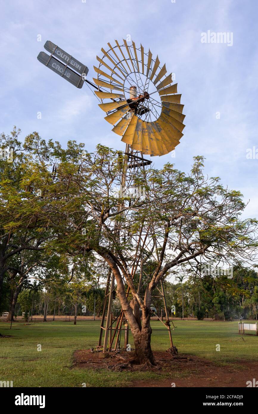 Windmill che segnala un punto di irrigazione sul campo. Icona dell’Outback australiano. Fattoria a conduzione familiare allevando bestiame. Mulino a vento giallo prodotto da Foto Stock