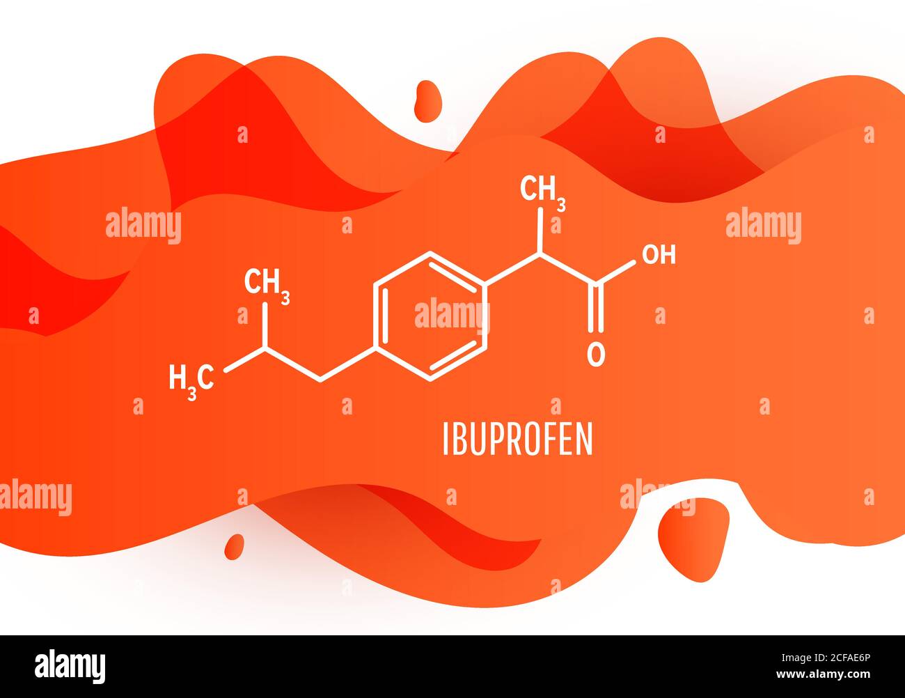 Struttura della molecola chimica di ibuprofene con forma a gradiente liquido arancione con spazio di copia su sfondo bianco Illustrazione Vettoriale