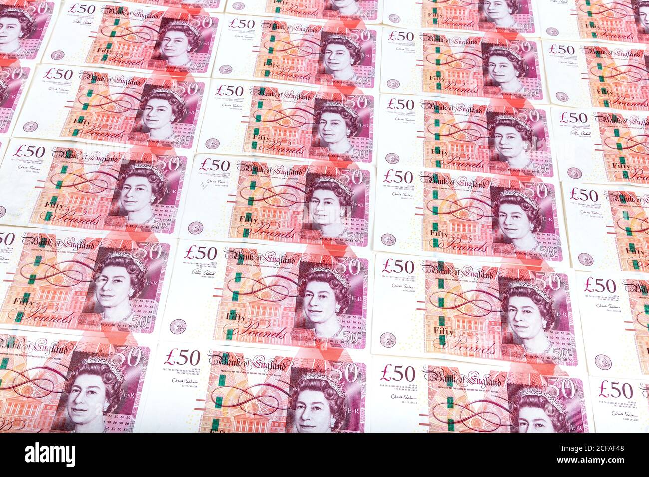 Banconote da 50 sterline con il monarca britannico Queen Elizabeth II Foto Stock