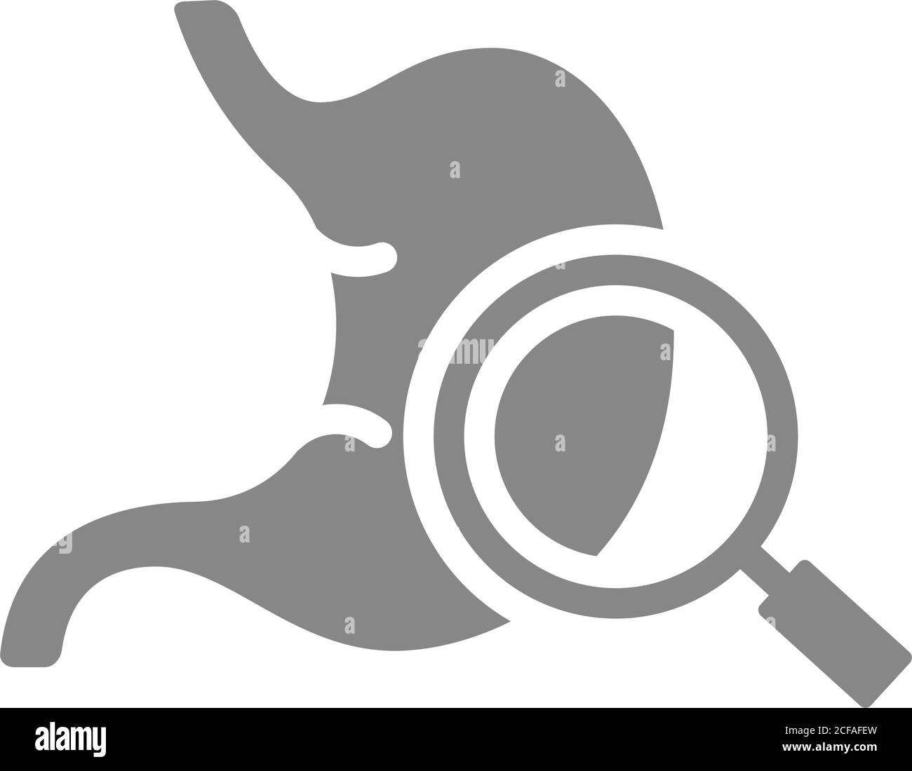 Stomaco con lente di ingrandimento icona grigia. Simbolo di prevenzione della malattia Illustrazione Vettoriale