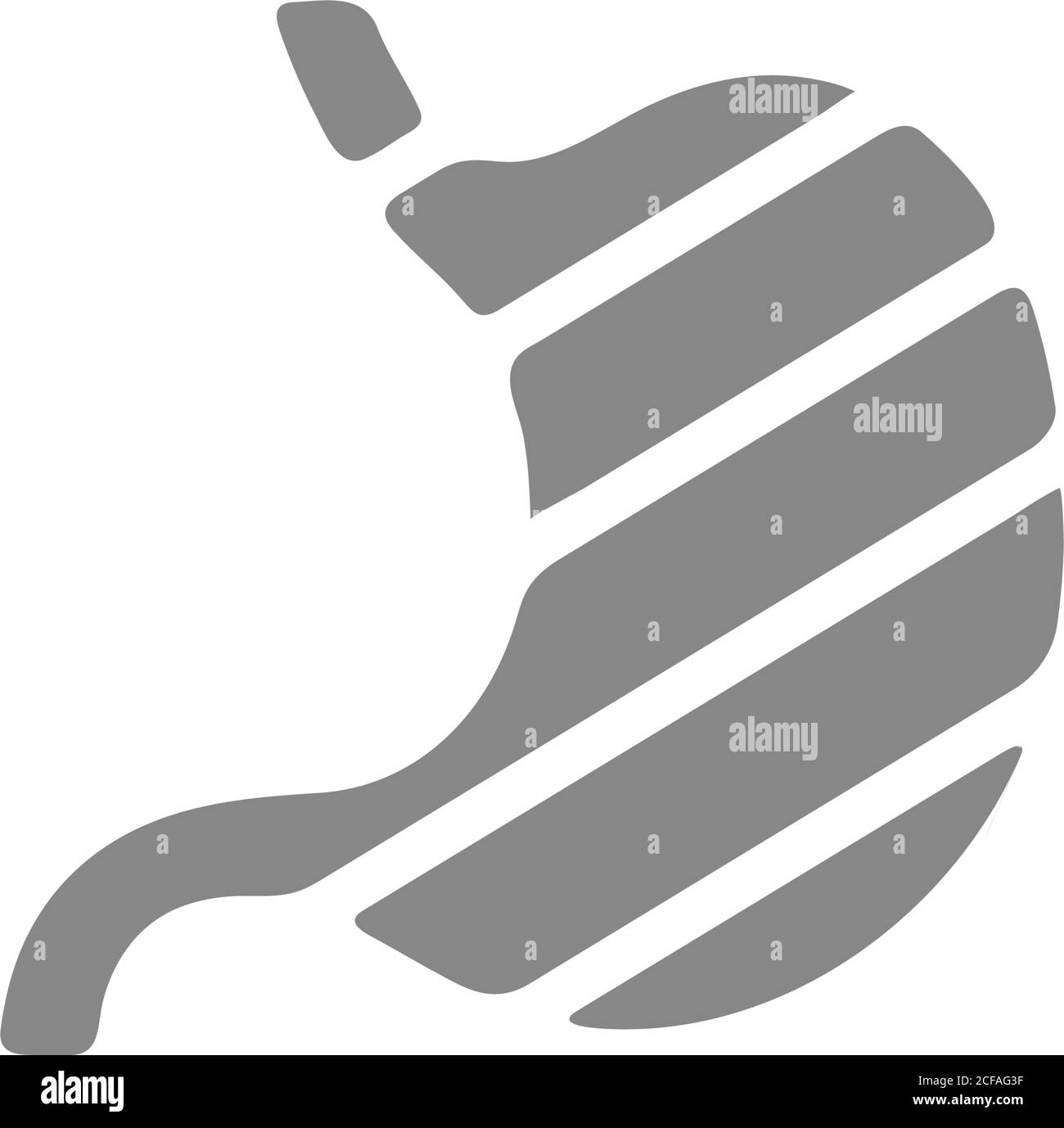 Icona grigia dello stomaco umano irritato. Distensione addominale, simbolo dell'organo infetto Illustrazione Vettoriale