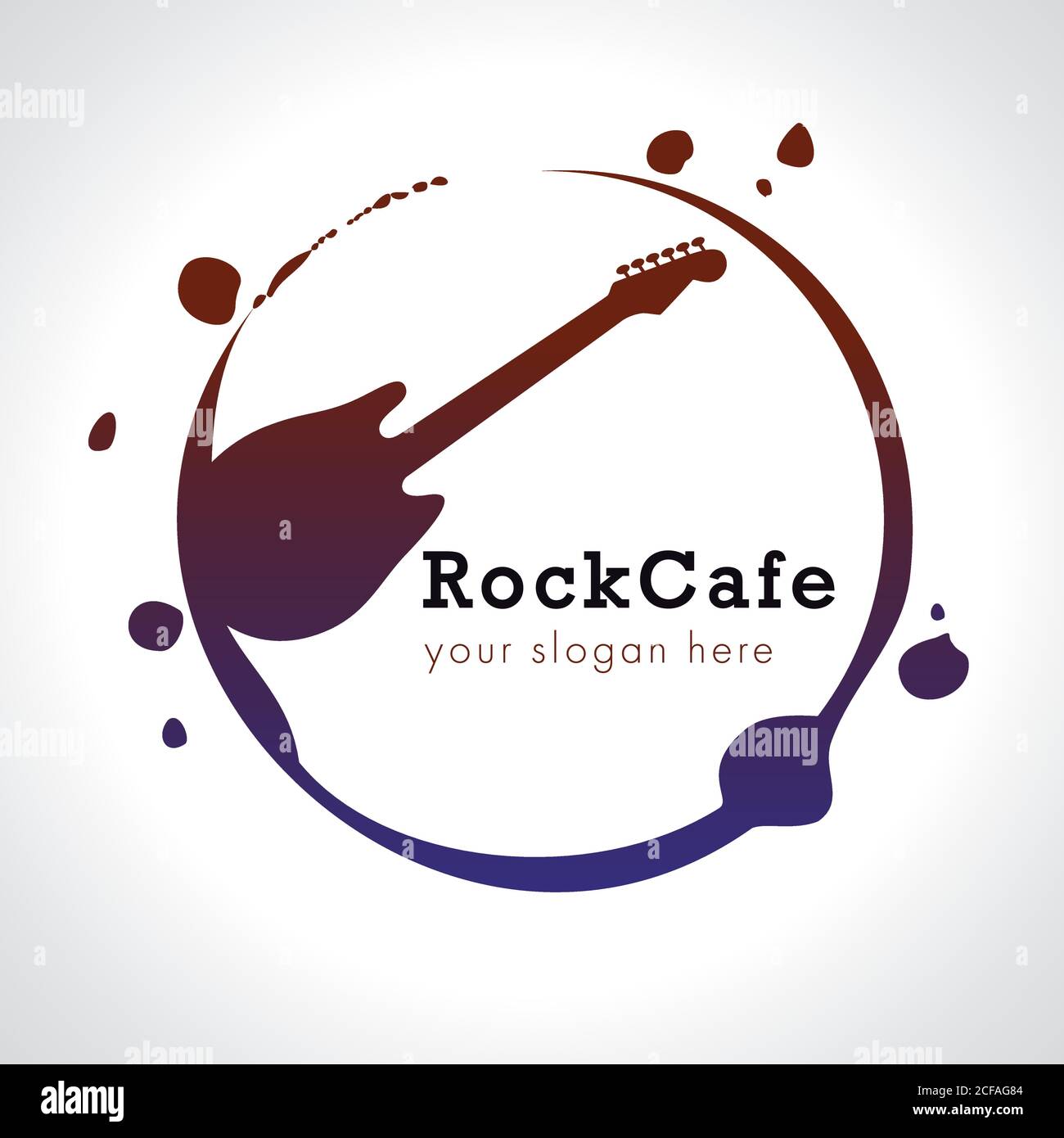Logo del marchio Rock Cafe. Chitarra elettrica grunge in segno vettoriale di musica roll con gocce di vernice sporca e imitazioni di pennellate. Simbolo di eventi artistici. Illustrazione Vettoriale