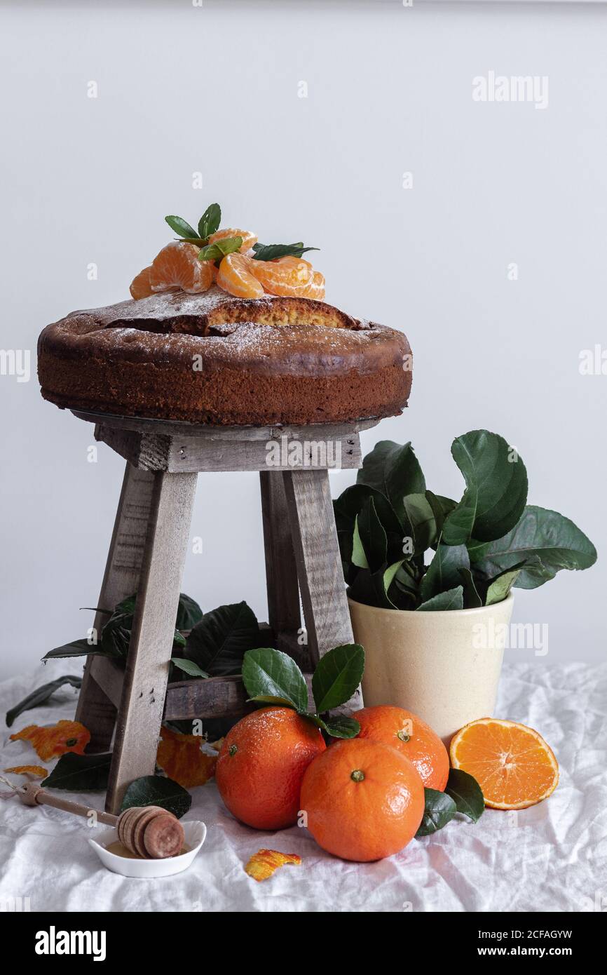 Pittoresca vita morta di fresco appetitoso taglio e tangerina intera torta fresca e gustosa su sgabello di legno e pianta verde in pentola Foto Stock