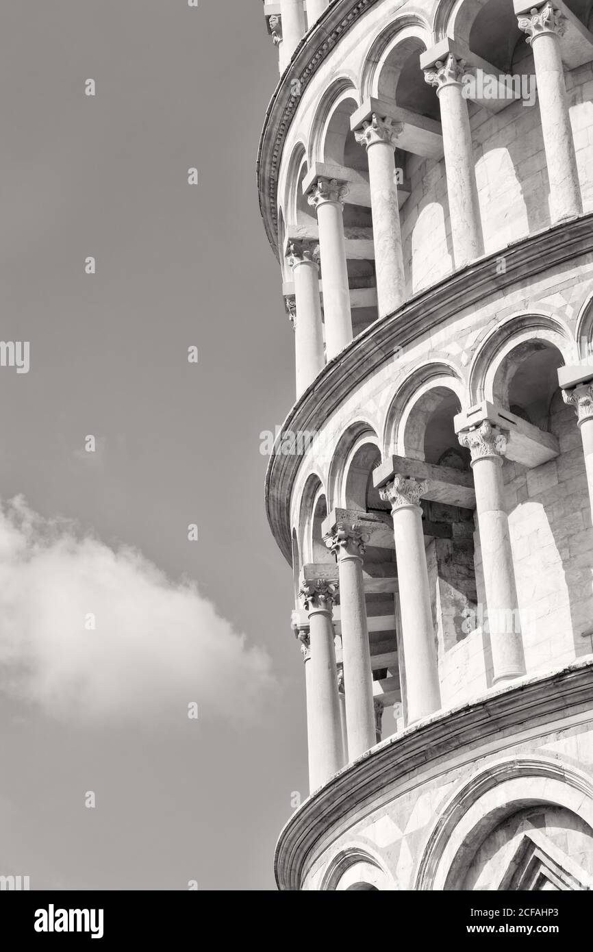 Immagine in bianco e nero della torre pendente di Pisa, simbolo d'Italia Foto Stock