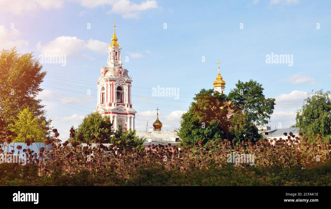 Chiesa ortodossa russa. In primo piano sono i fiori secchi di Echinocea. Foto Stock