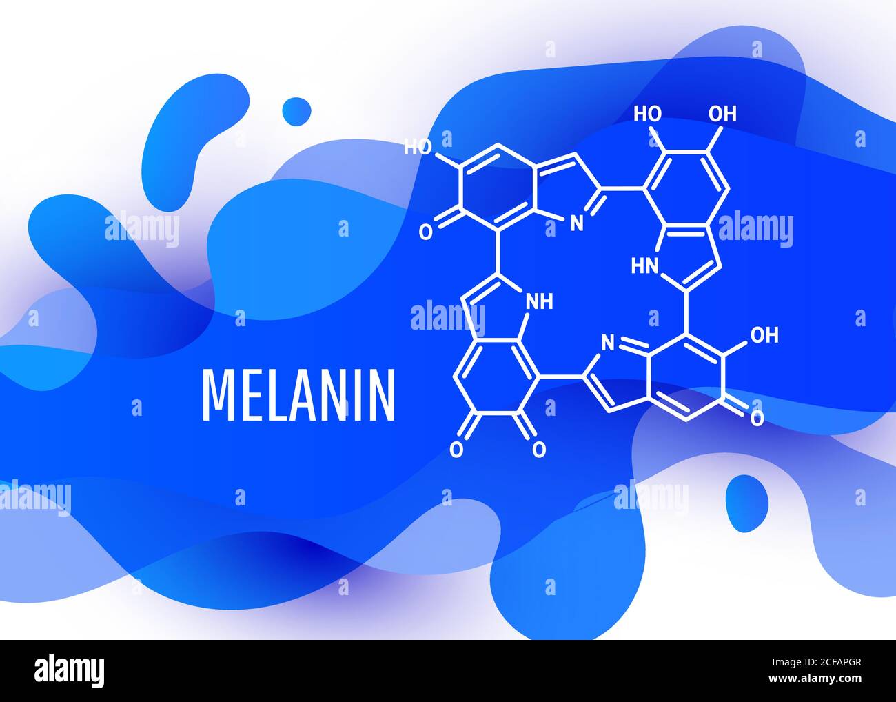Formula chimica strutturale melanina con forma a gradiente di fluido liquido blu con spazio di copia su sfondo bianco Illustrazione Vettoriale